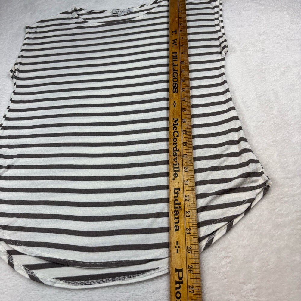 GREEN ENVELOPE Timeless Classic Top Brown Stripe Shirt Cap Sleeve USA Minimalism - Picture 11 of 11